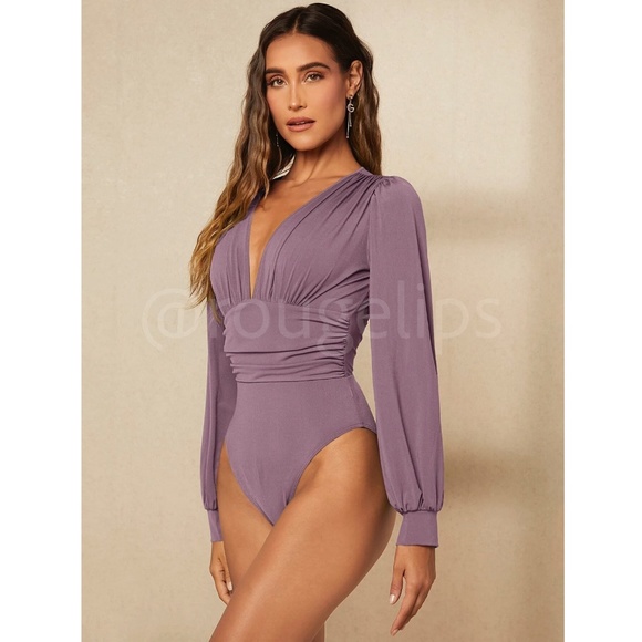Dusty Lavender Elegant V neck Bodysuit Long Bishop Sleeves Stretchy Ruched Wais - Picture 2 of 8